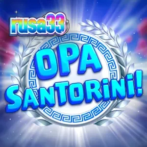 Pemandangan visual slot Opa Santorini dengan latar belakang Santorini yang cerah